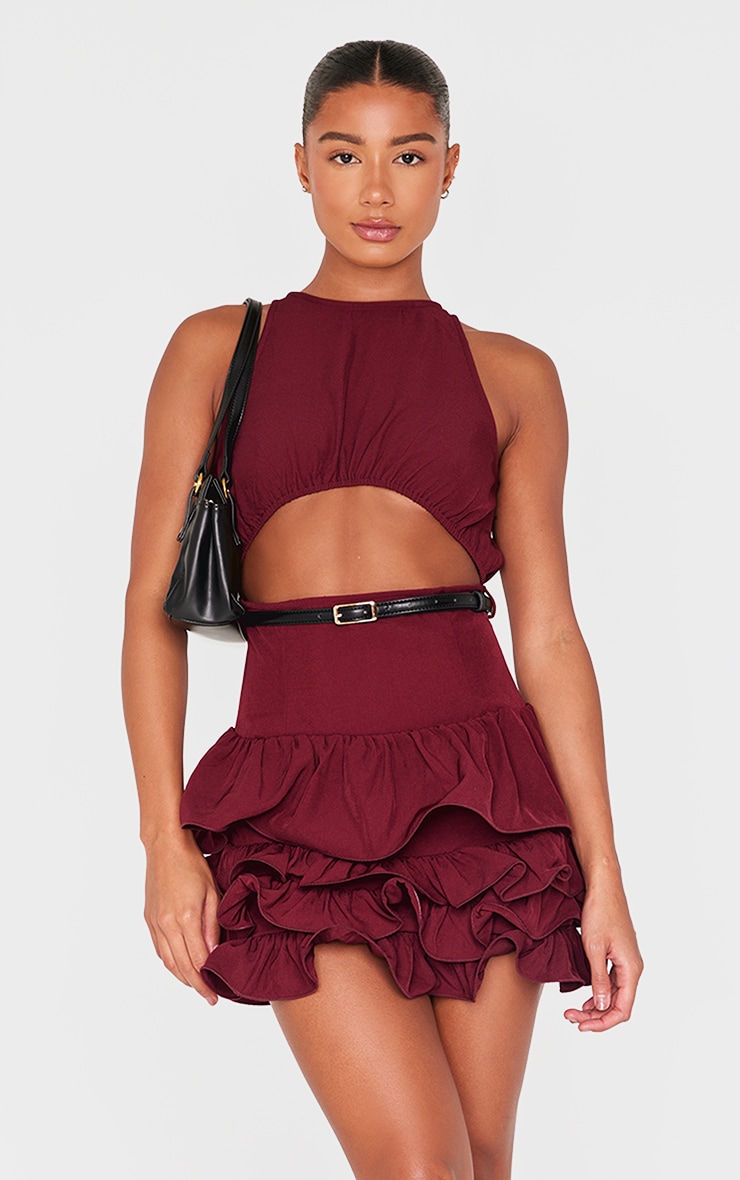 Wine Cut Out Belted Frill Hem Shift Dress