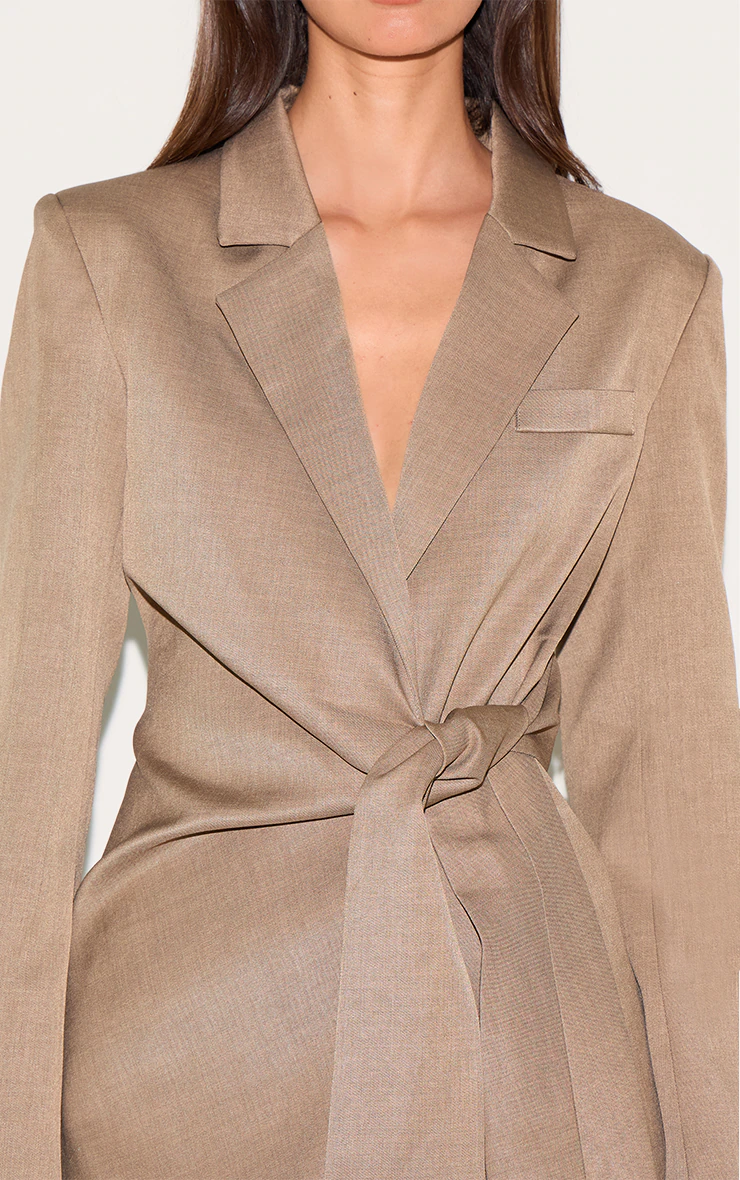 Mushroom Woven Blazer Side Tie Mini Dress