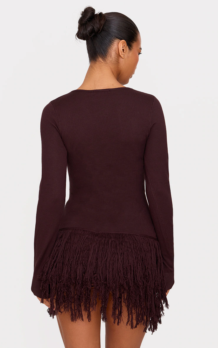 Cappuccino Fine Knit Fringe Hem Long Sleeve Micro Mini Dress