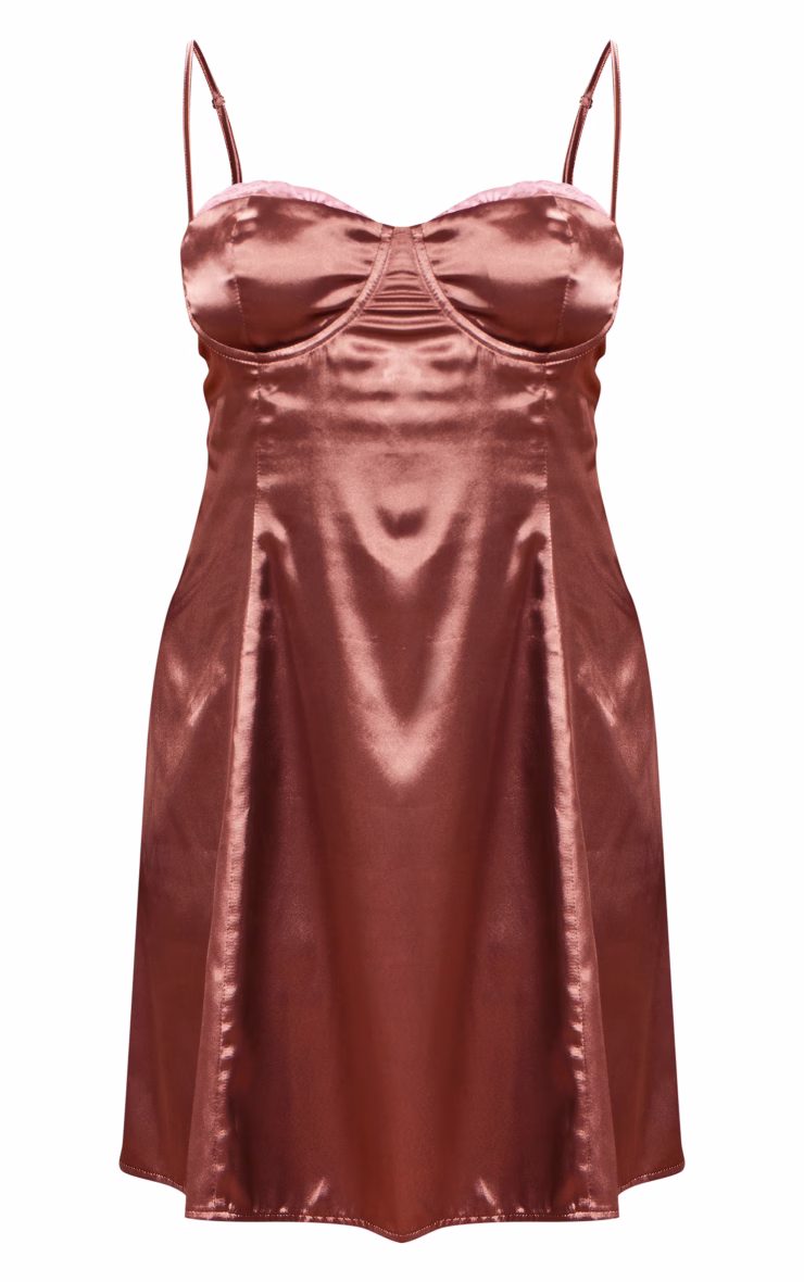 Plus Mocha Satin Contrast Lace Cup Detail Shift Dress