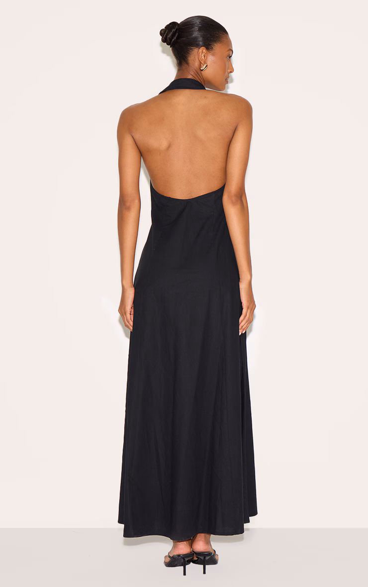 Black Button Down Collar Detail Maxi Dress