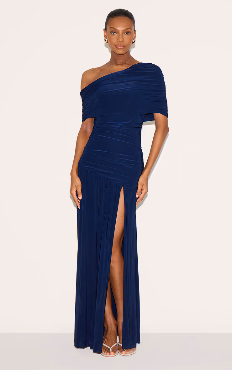 Navy Double Layer Slinky Bardot One Shoulder Ruched Maxi Dress