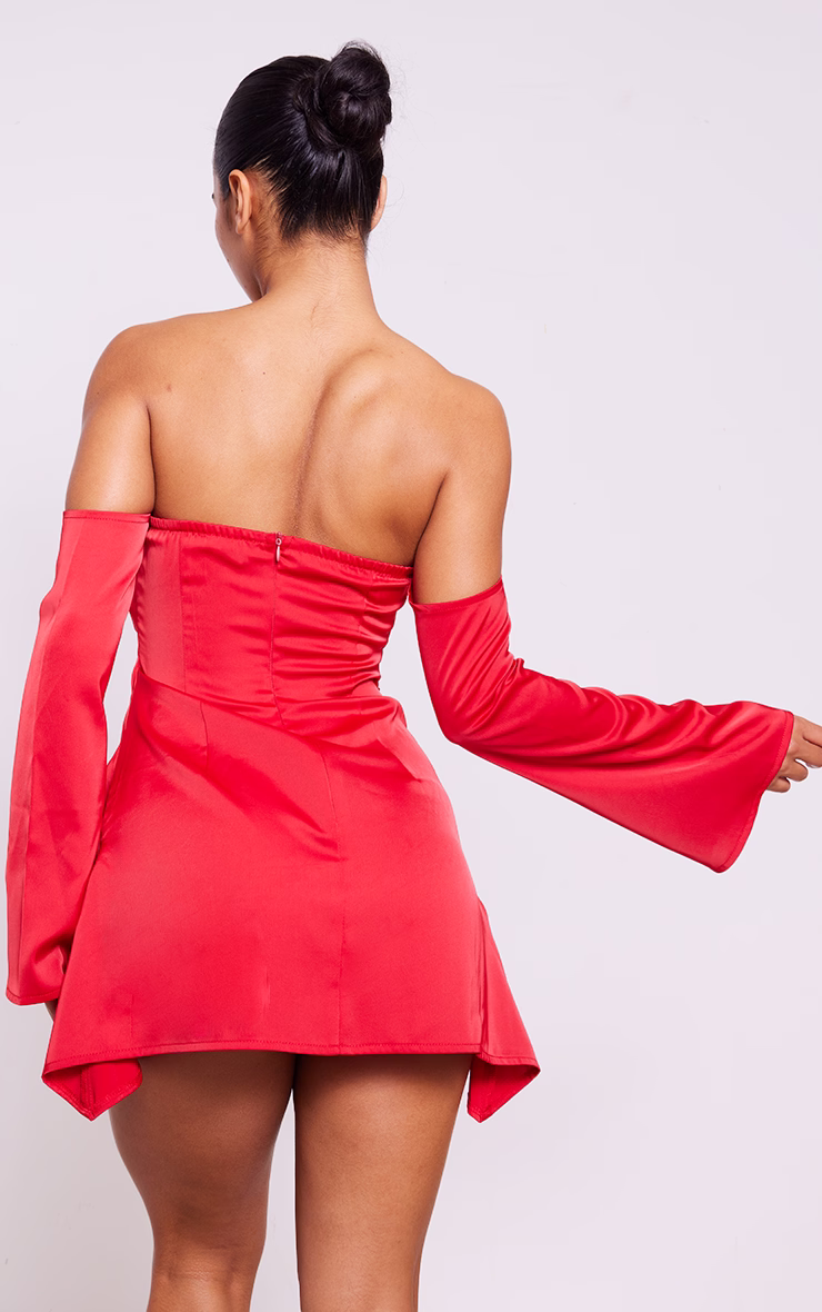 Red Satin Corset Bardot Ruched Long Sleeve Shift Dress