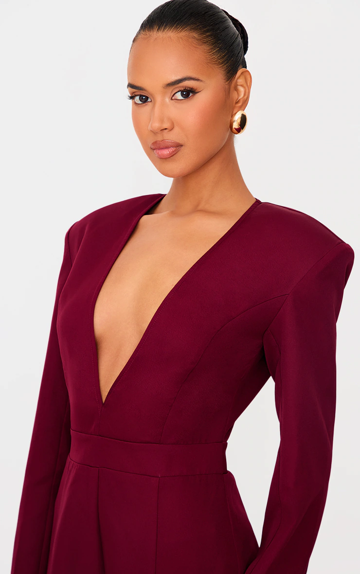 Burgundy Woven Plunge Long Sleeve Straight Leg Jumpsuit