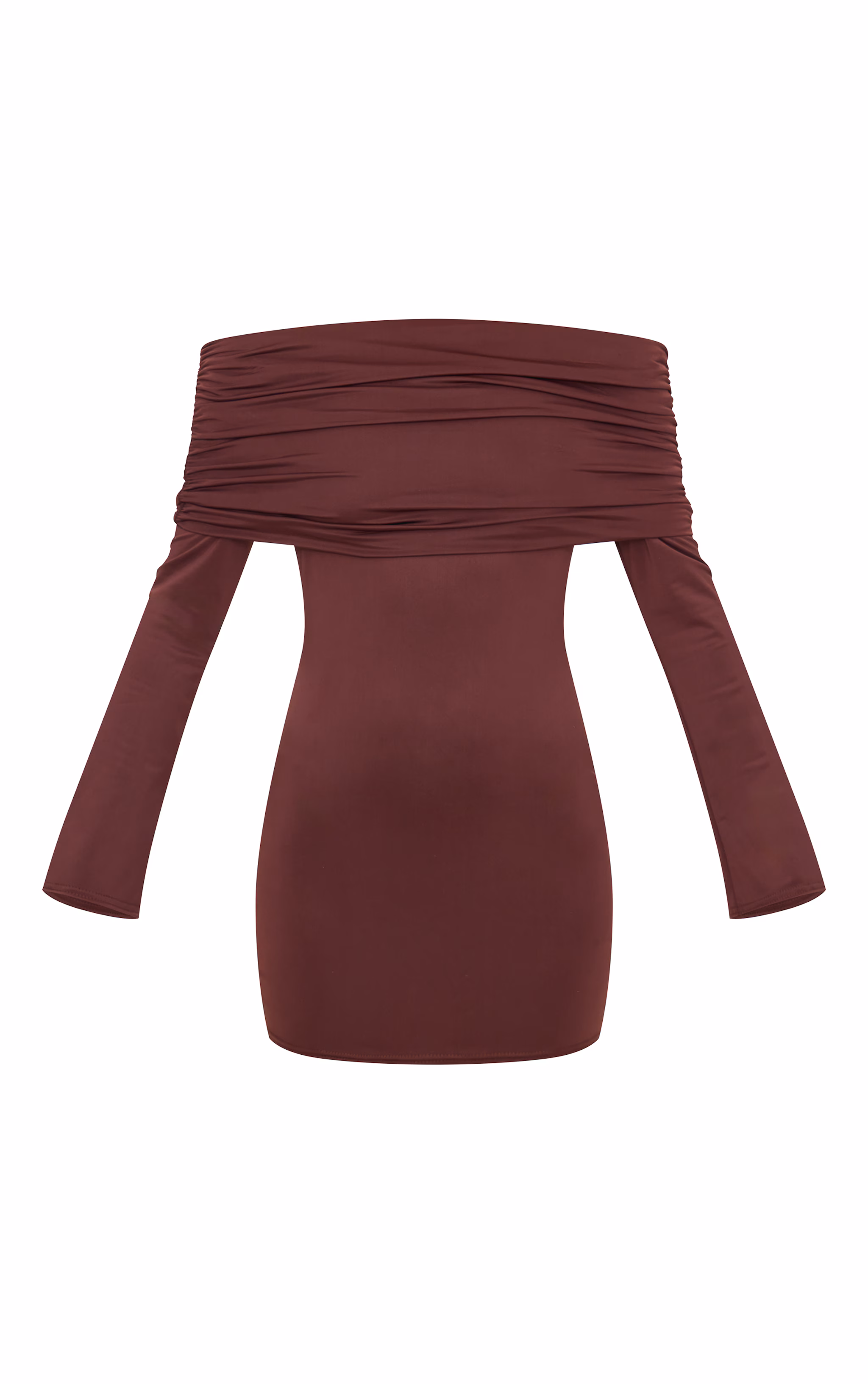 Chocolate Matte Sculpt Double Layer Foldover Bardot Long Sleeve Mini Dress