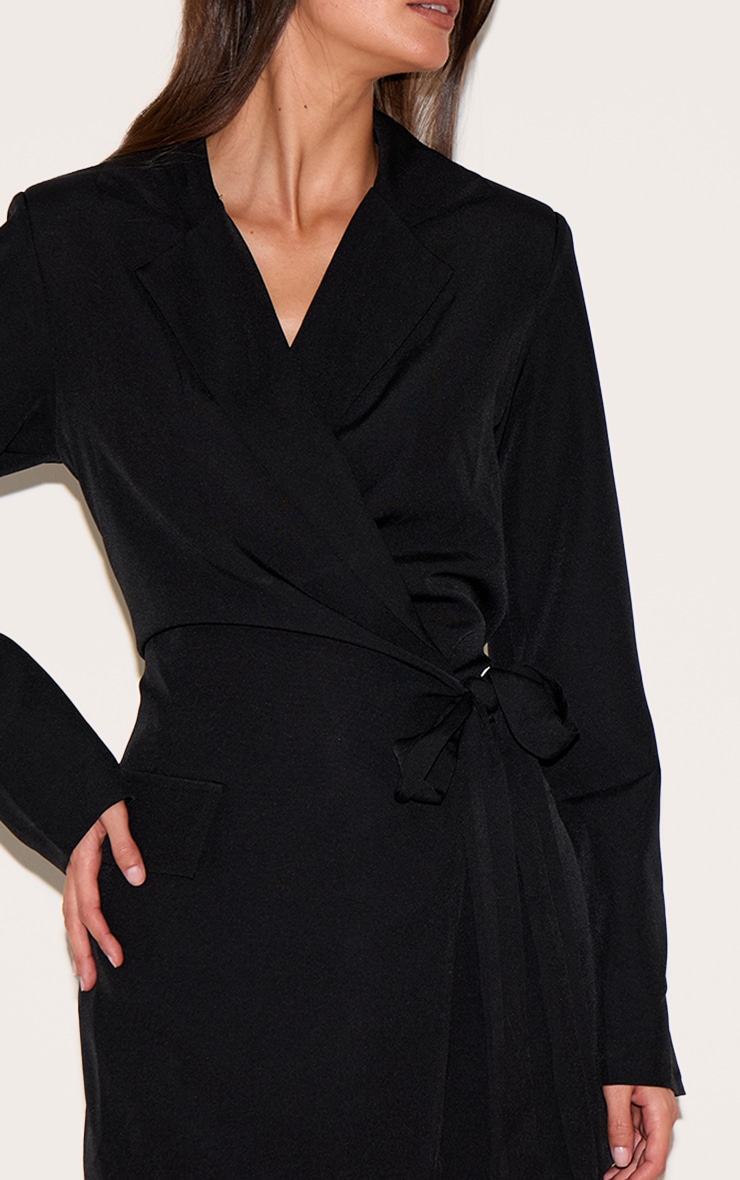 Black Woven Wrap Tie Blazer Dress