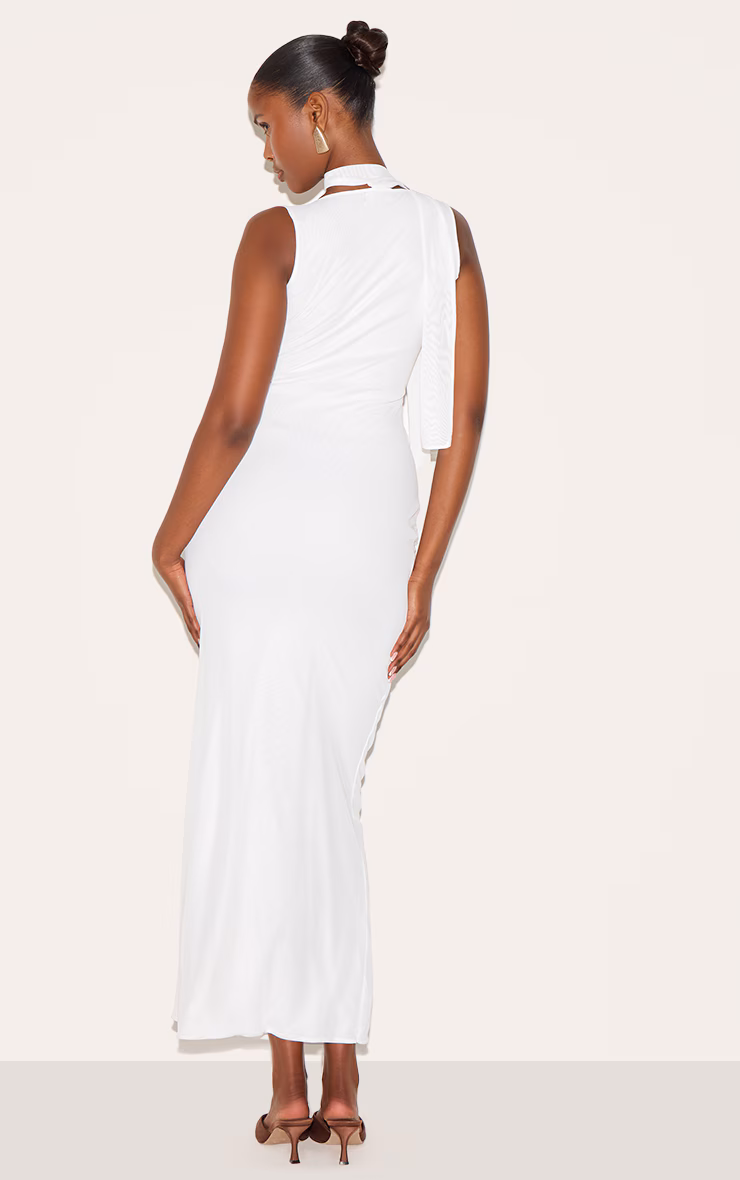 Cream Mesh V Neck Wrap Maxi Dress