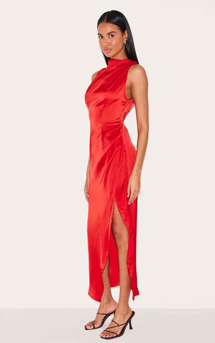 Red Satin High Neck Ruched Back Detail Midi Dress