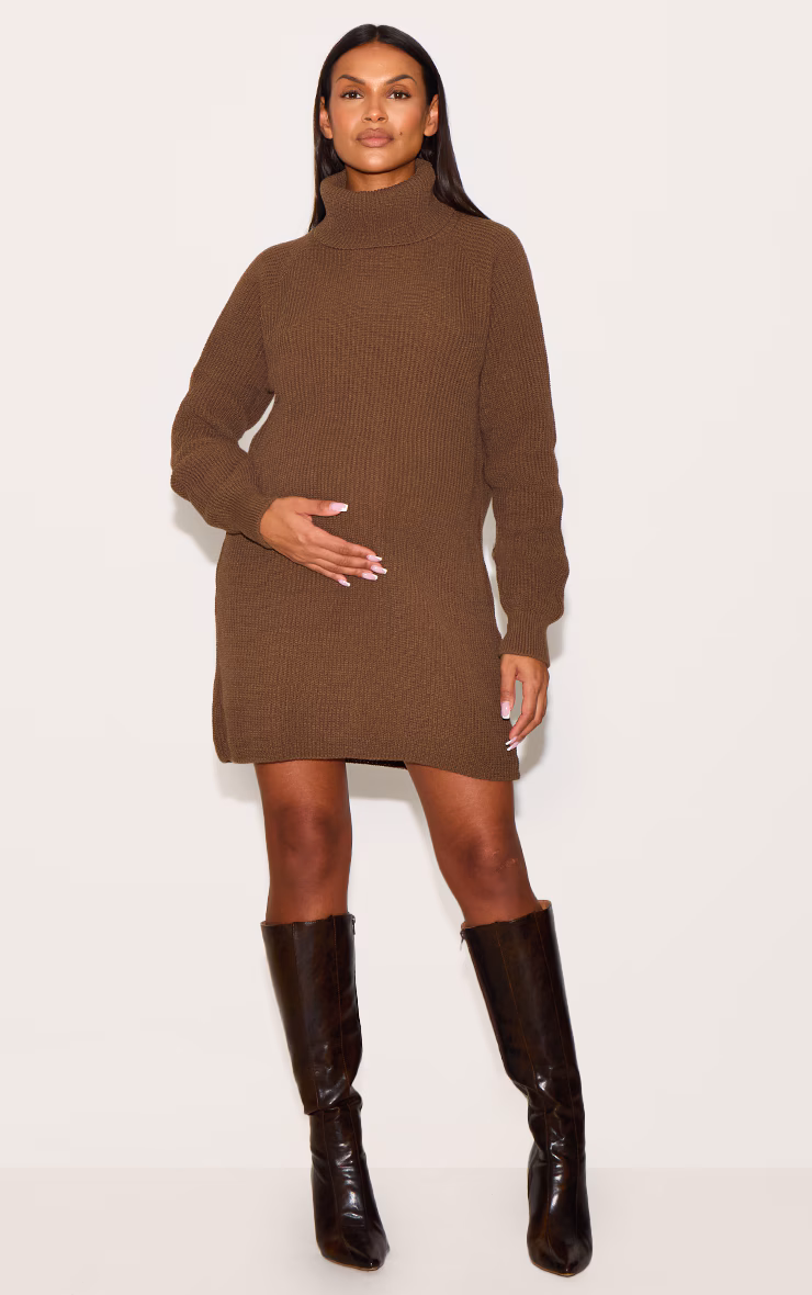 Maternity Taupe Oversized High Neck Sweater Dress