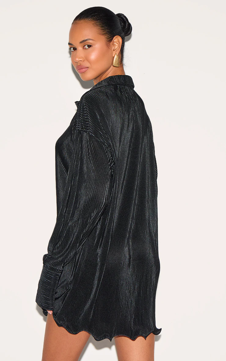 Black Plisse Frill Hem Shirt Dress