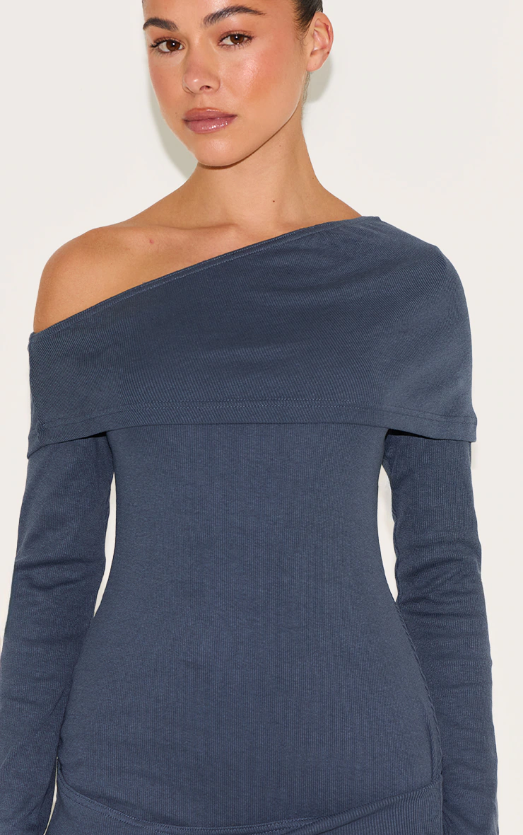 Navy Rib Bardot Wrap Mini Dress