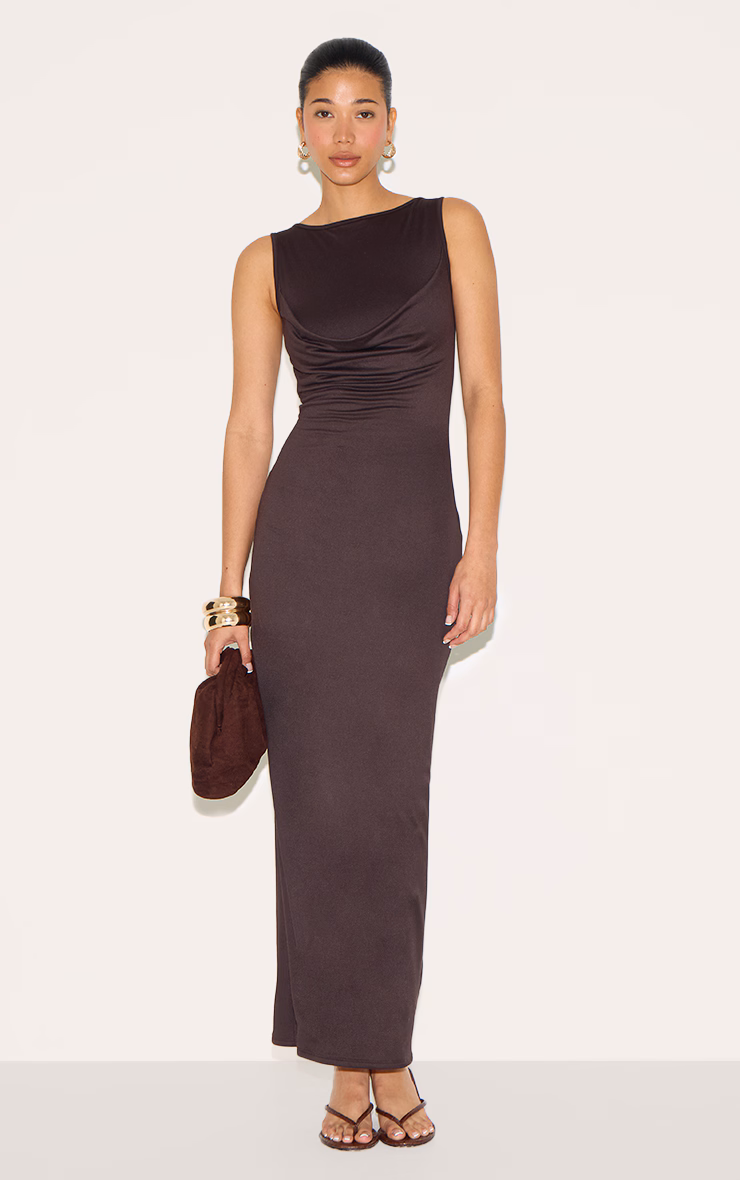 Chocolate Double Contour Drape Bust Detail Maxi Dress