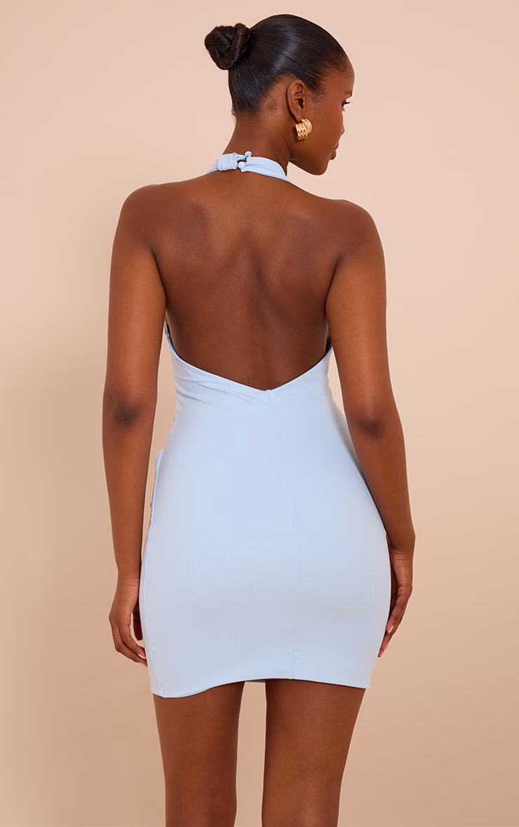 Baby Blue Soft Touch Halter Neck Trim Detail Ruched Mini Dress