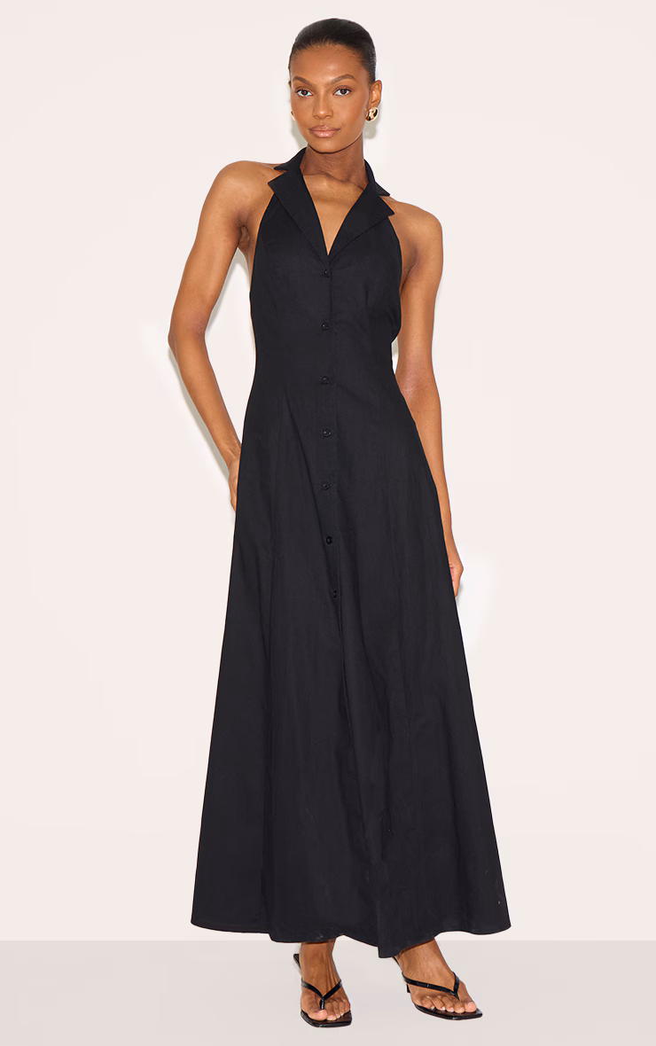 Black Button Down Collar Detail Maxi Dress