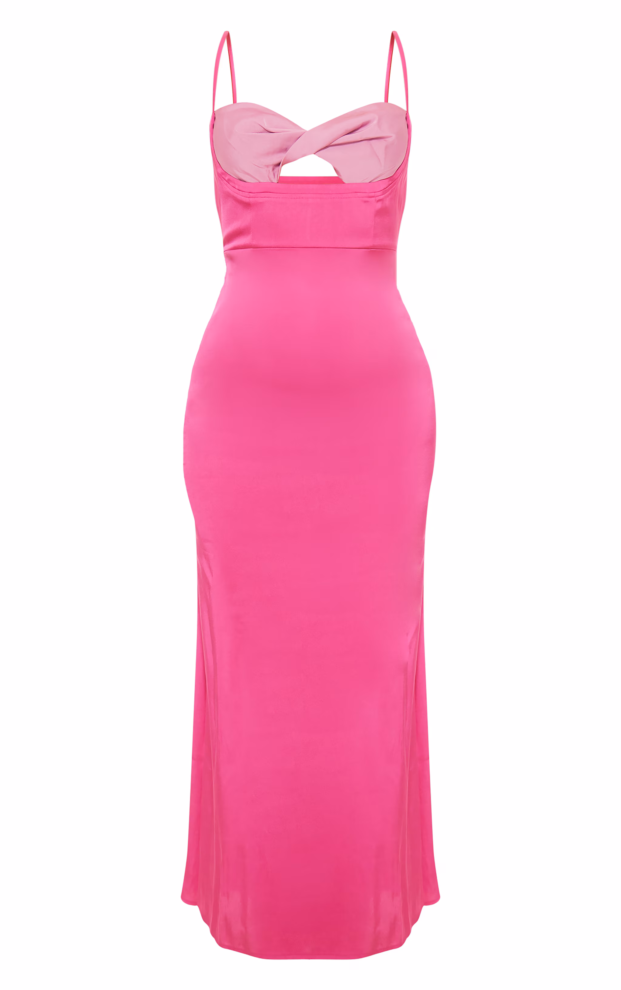 Dark Pink Satin Contrast Front Twist Cup Midaxi Dress