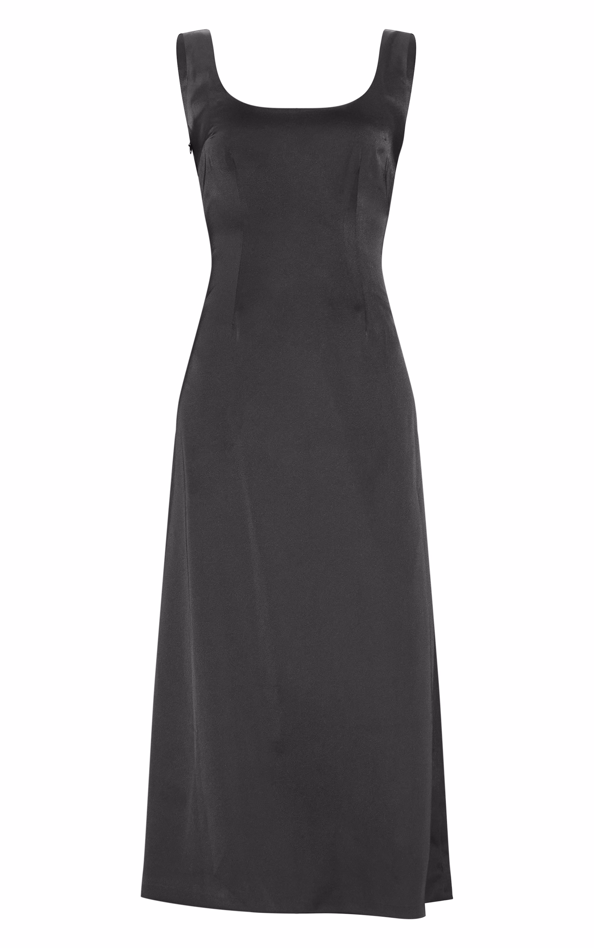 Black Satin Drop Waist Midi Dress