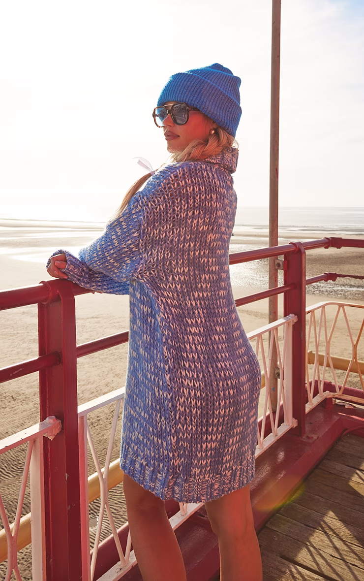 Blue Marled Chunky Roll Neck Sweater Dress