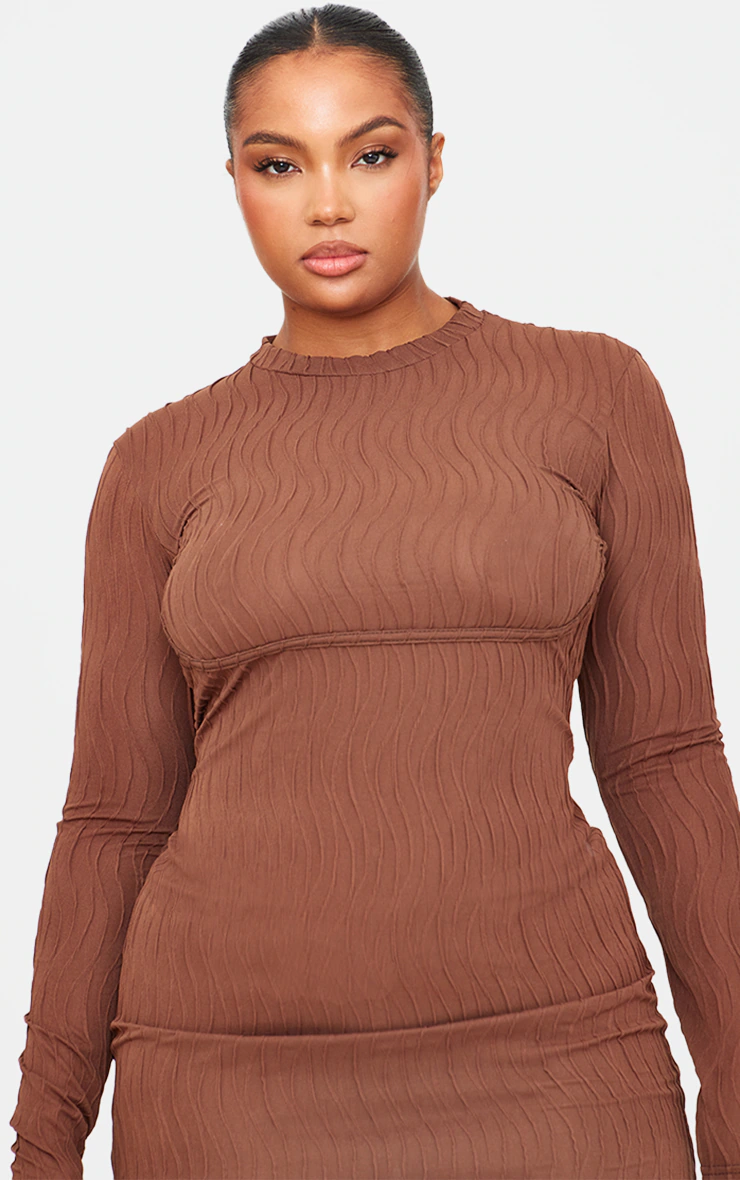 Plus Brown Textured Long Sleeve Bust Seam Detail Mini Dress