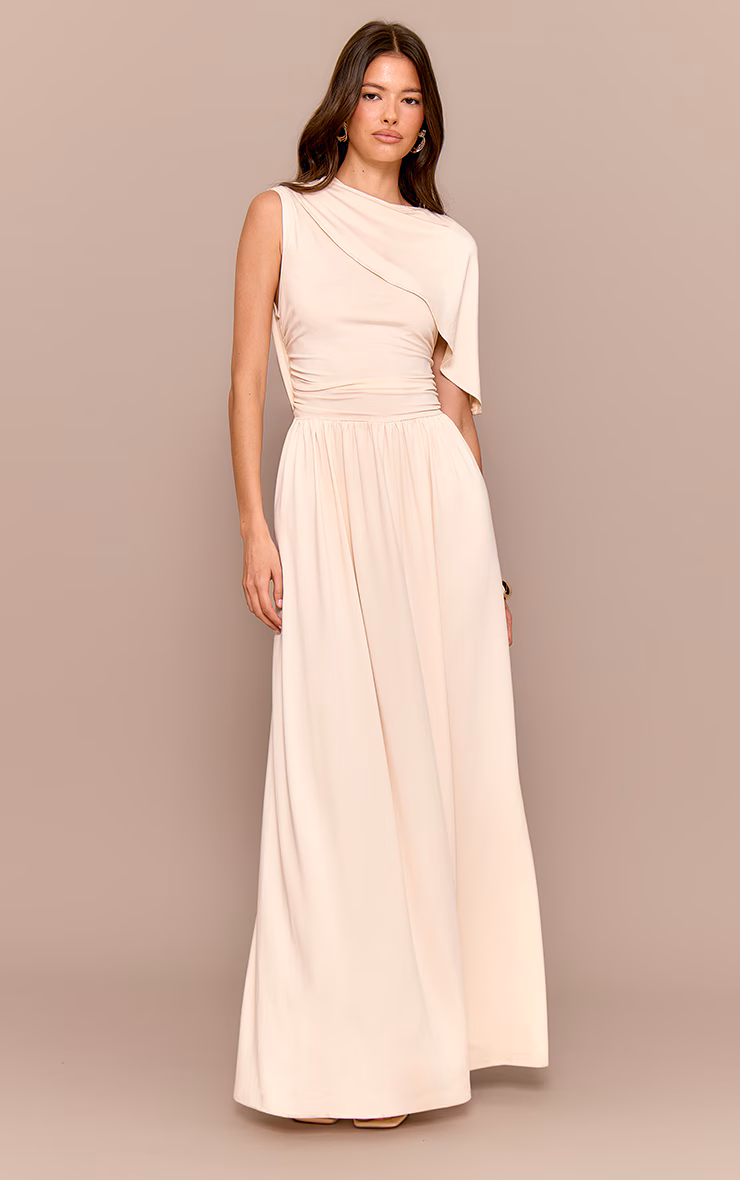 Cream Layered Ruched Maxi Dress