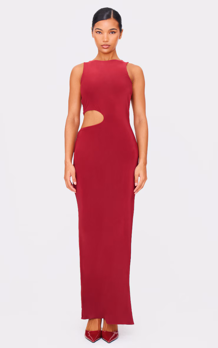 Burgundy Double Layer Slinky Tie Back Maxi Dress