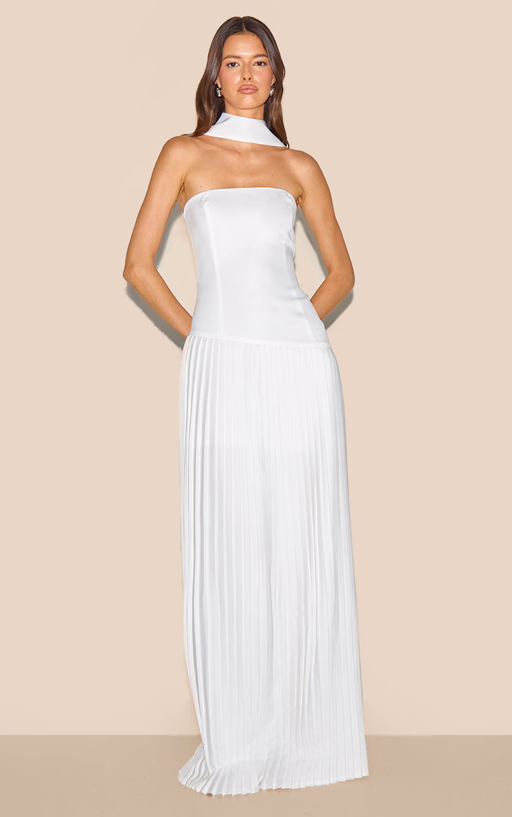 Cream Woven Asymmetric Pleated Maxi Dress