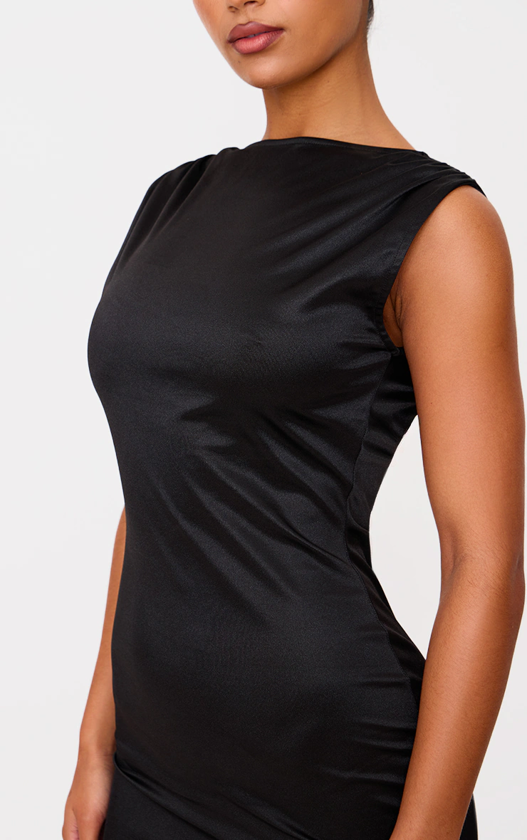 Black Stretch Satin Boat Neck Mini Dress