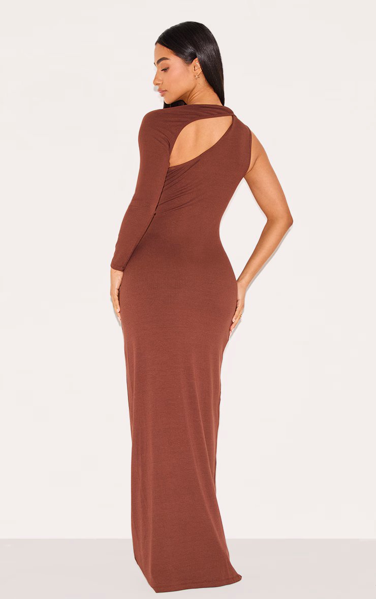 Petite Chocolate Ribbed One Sleeve Maxi Dress