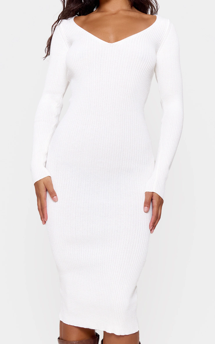Cream V Neck Knit Midi Dress
