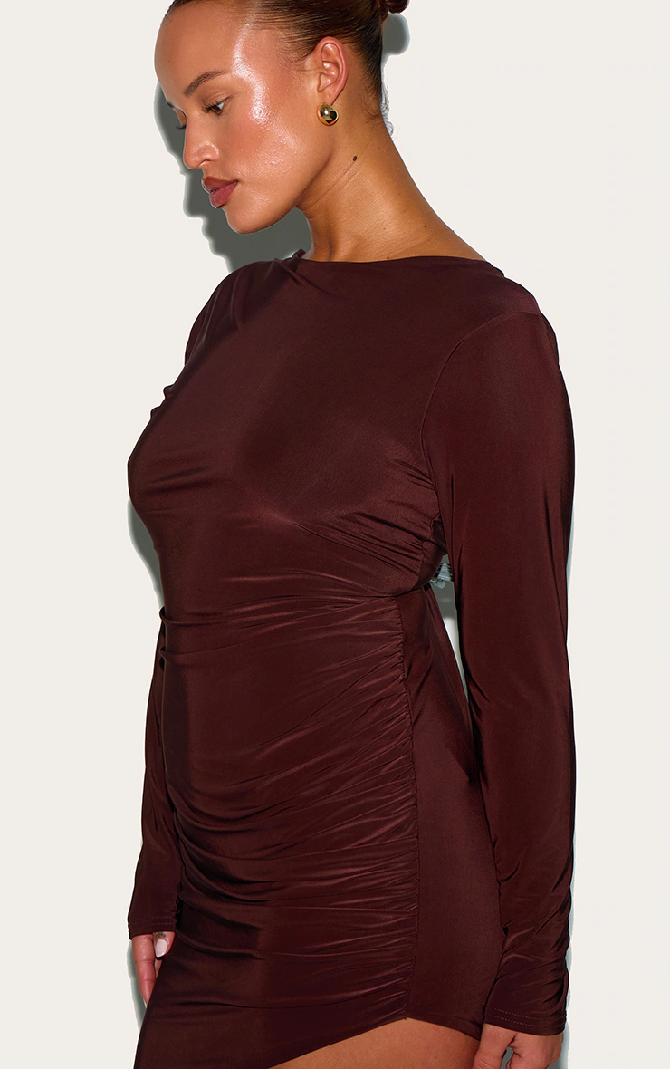 Plus Chocolate Double Layer Slinky Ruched Long Sleeve Mini Dress