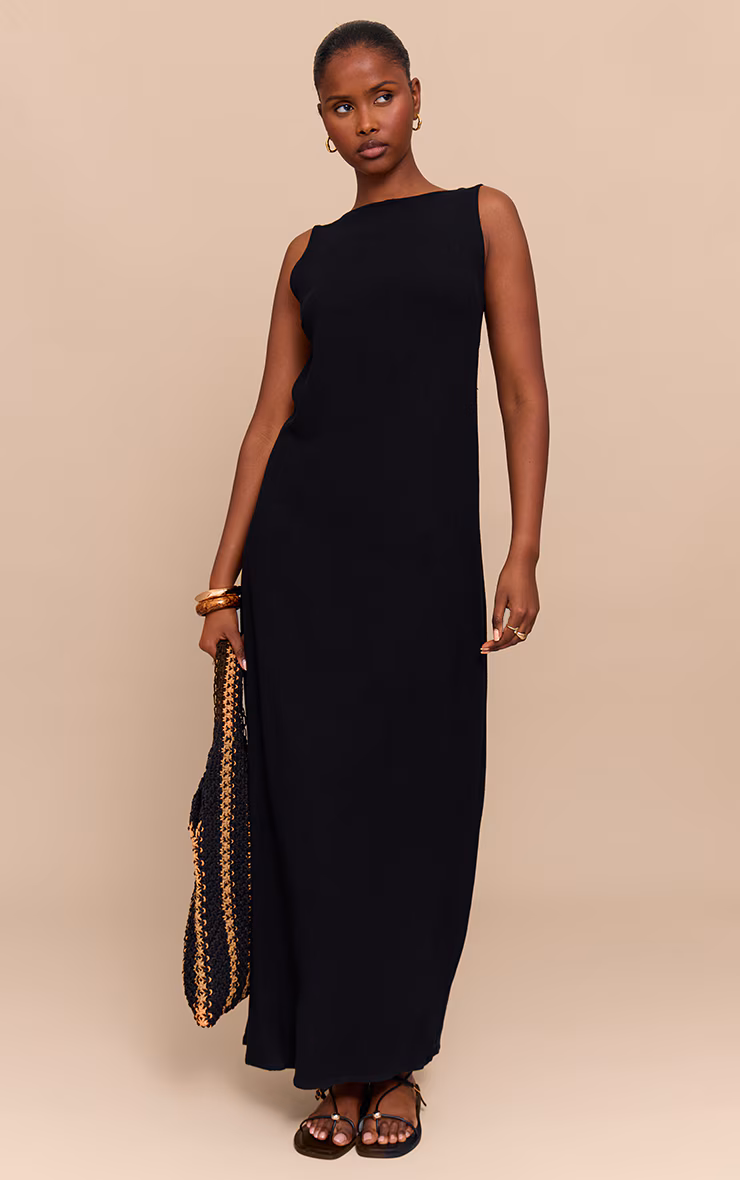 Black Textured Boat Neck Low Back Maxi Dress