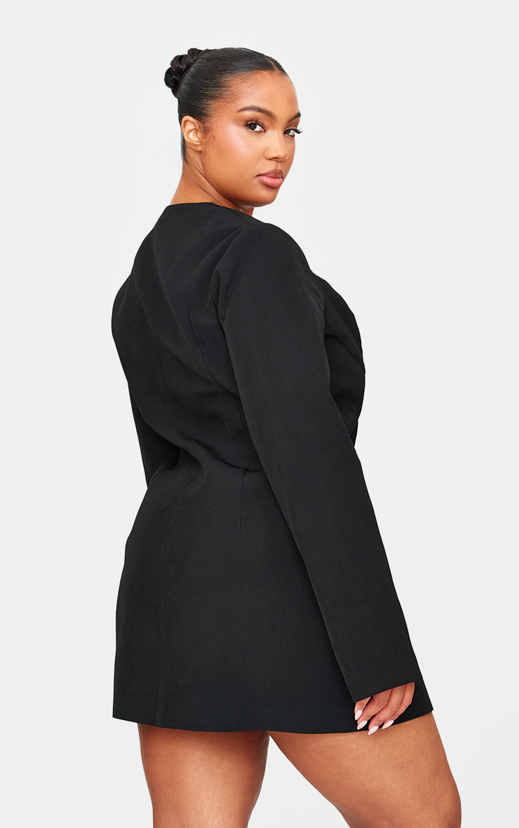 Plus Black Premium Woven Cup Detail Long Sleeve Mini Dress