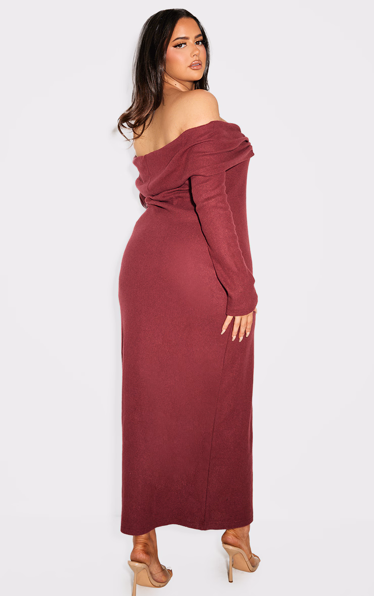Plus Burgundy Heavy Brushed Rib Bardot Trim Maxi Dress