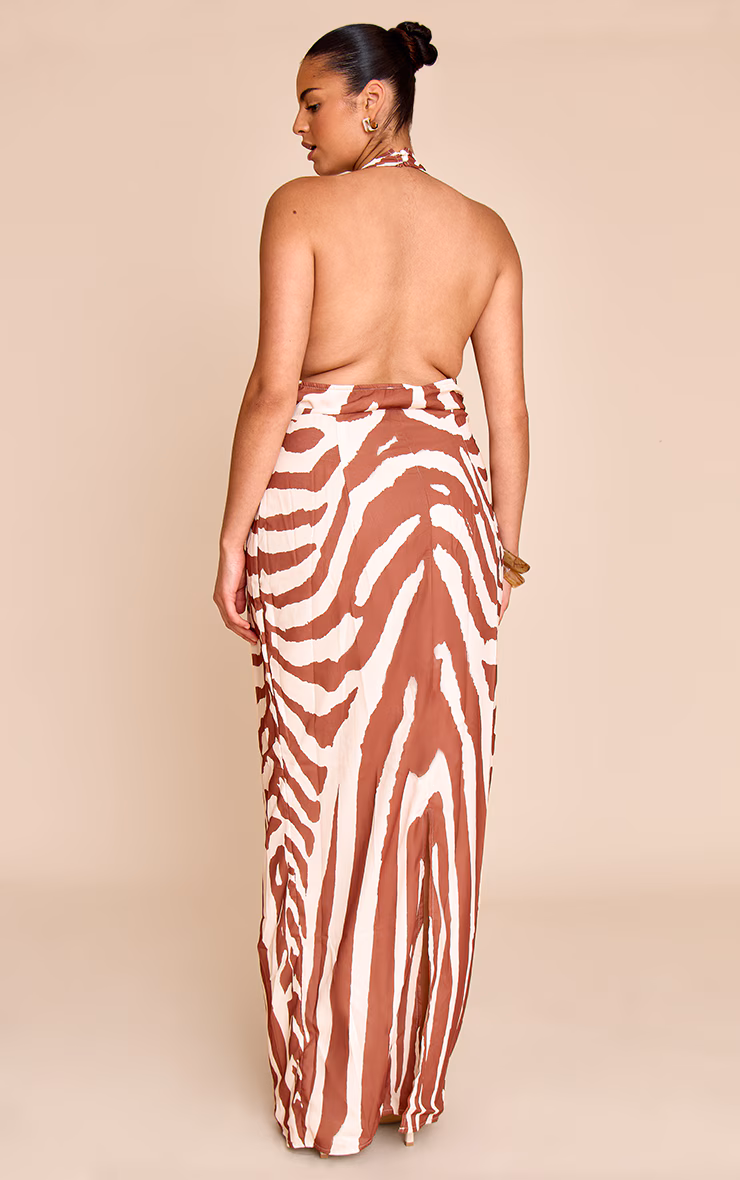 Plus Tan Zebra Abstract Print Chiffon Cowl Neck Maxi Dress