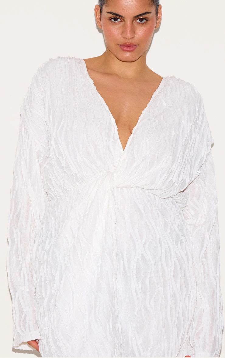 Plus White Textured Wrap Front Dress