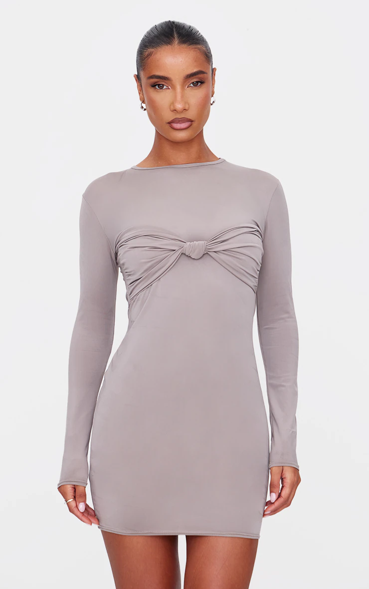 Taupe Twist Bandeau Detail Long Sleeve Mini Bodycon Dress