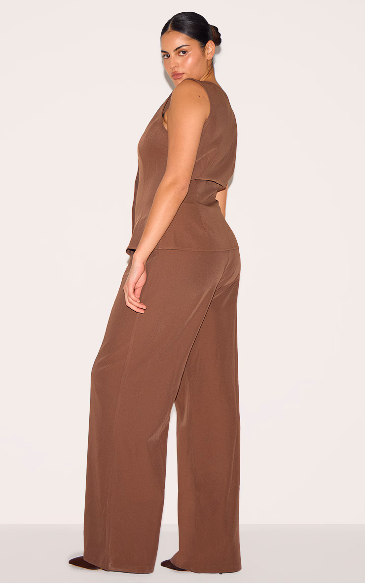 Plus Chocolate Brown High Neck Vest Straight Leg Jumpsuit
