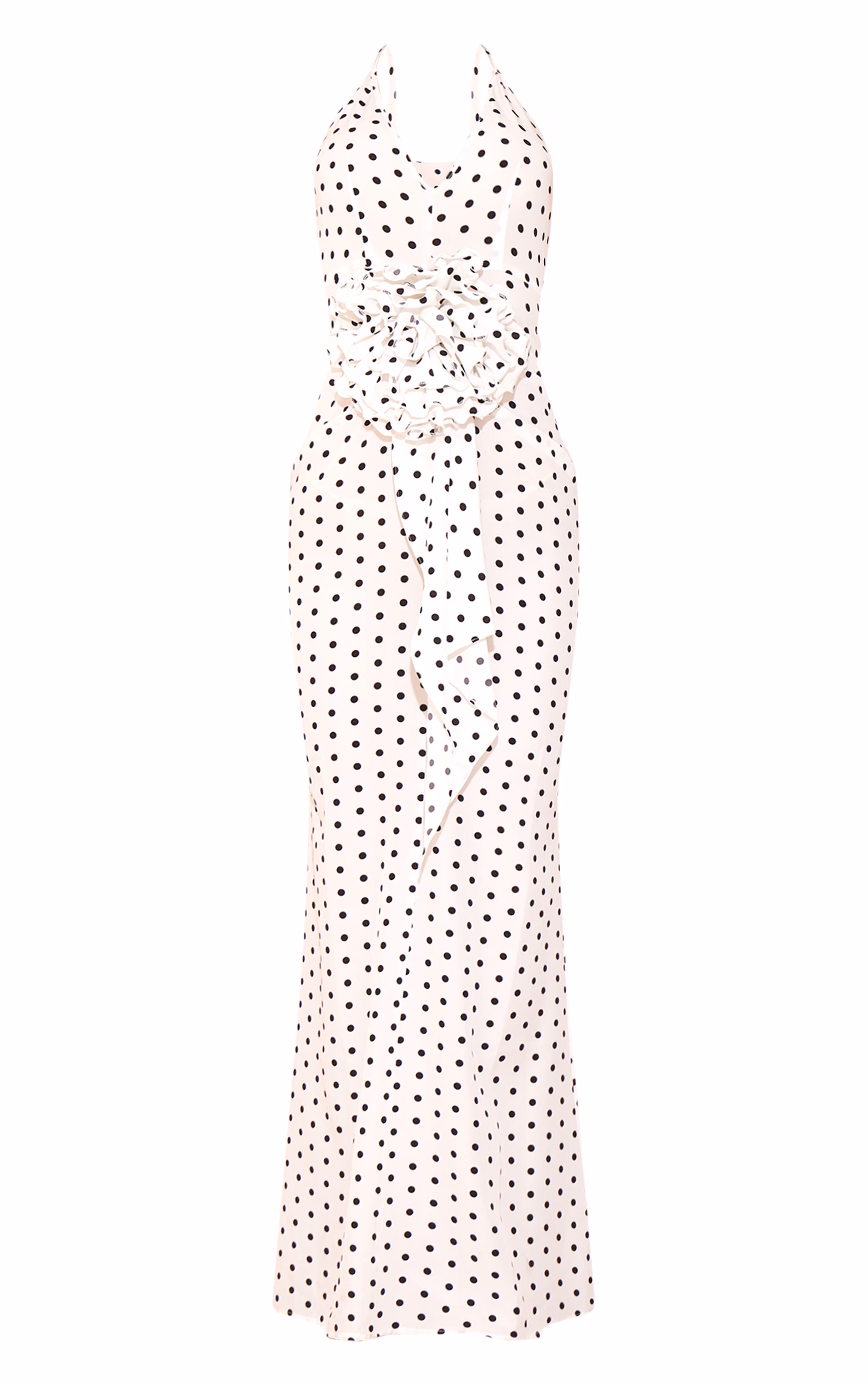 White Polka Dot Satin Rose Detail Maxi Dress