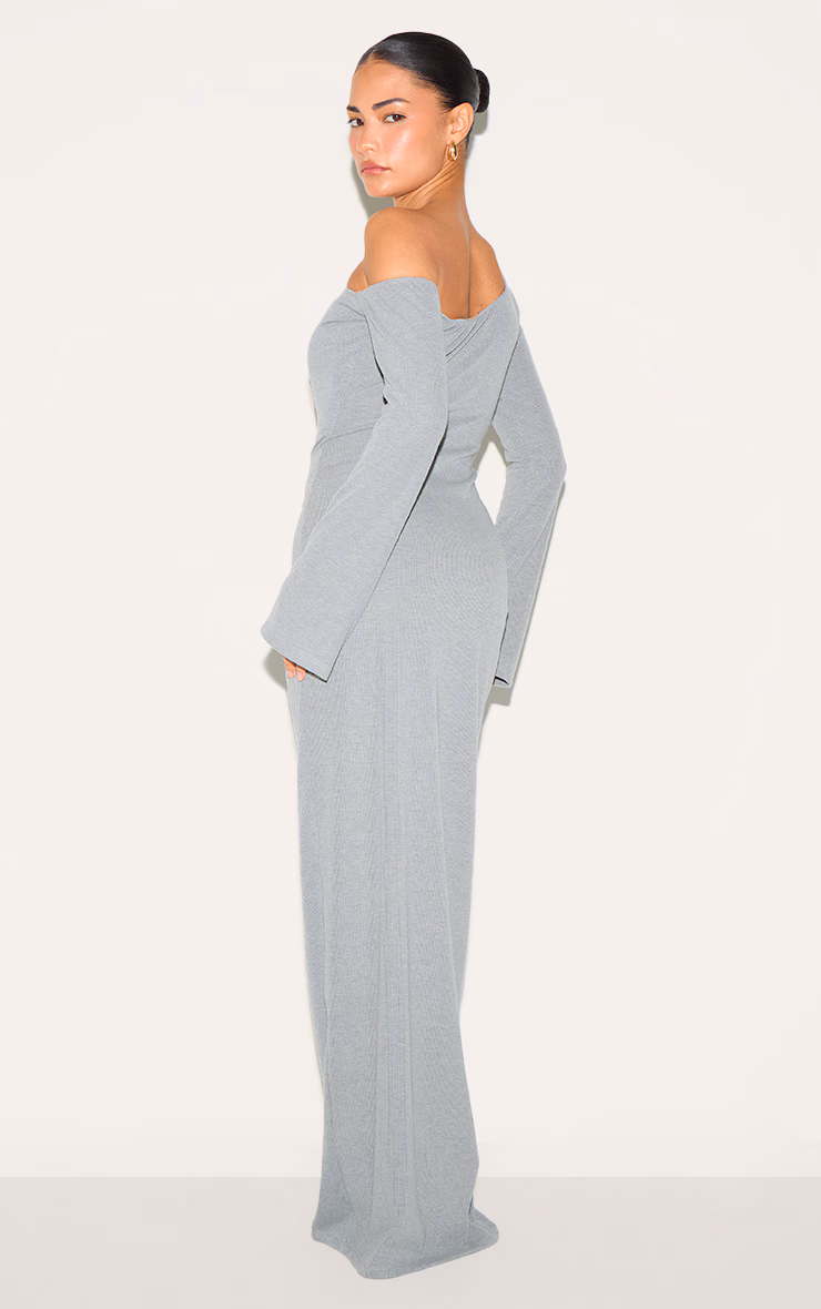 Petite Grey Asymmetric Ribbed Maxi Dress