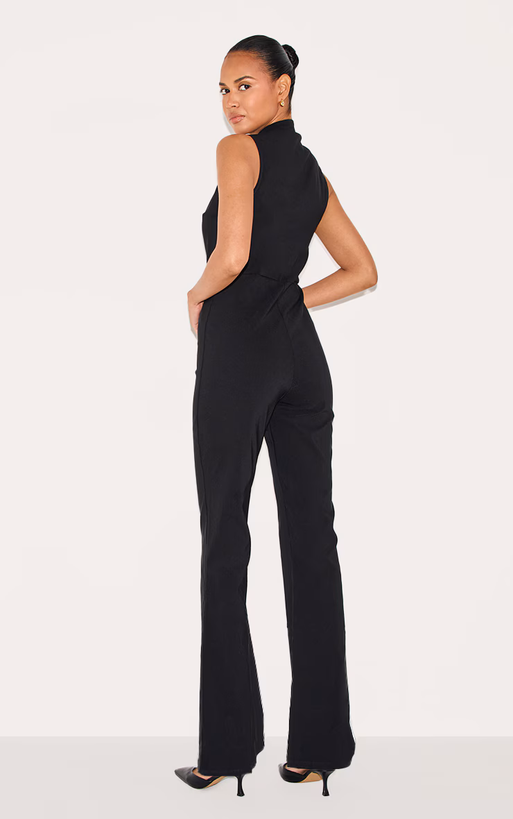 Black Stretch Woven Collared Gold Trim Straight Leg Jumpsuit