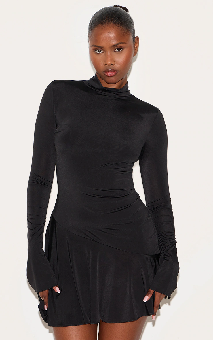 Black Slinky Long Sleeve Asymmetric Hem Shift Dress