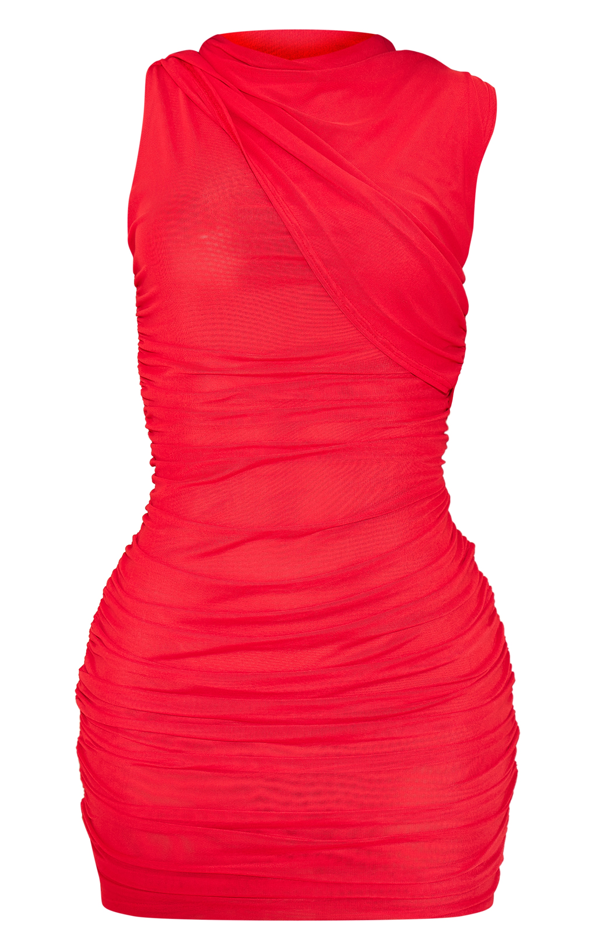 Red Mesh High Neck One Shoulder Mini Dress