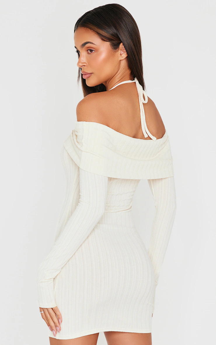 Cream Rib Bardot Fold Over Bodycon Dress