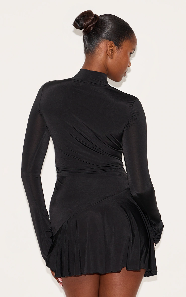 Black Slinky Long Sleeve Asymmetric Hem Shift Dress