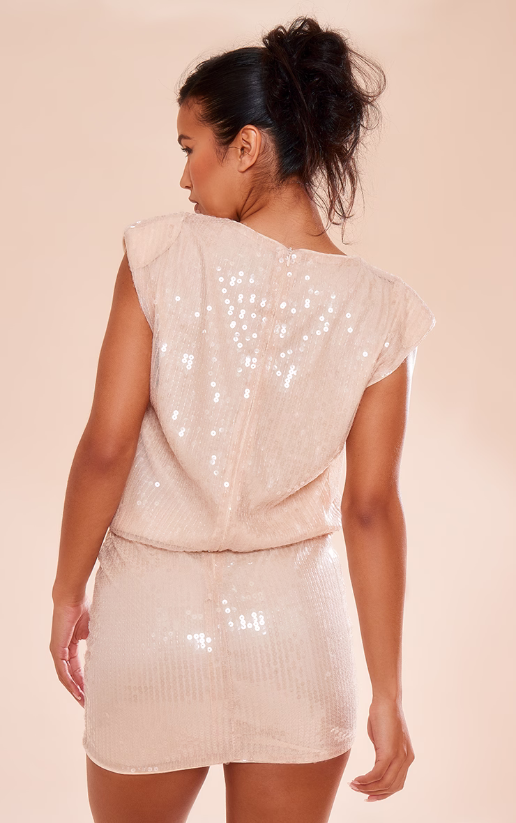 Nude Sequin Shoulder Pad Sleeveless Bodycon Dress