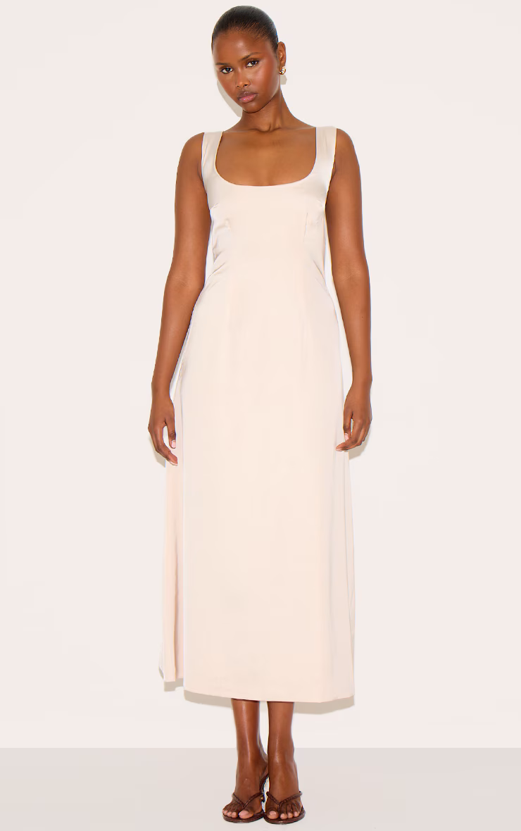 Natural Satin Drop Waist Midi Dress