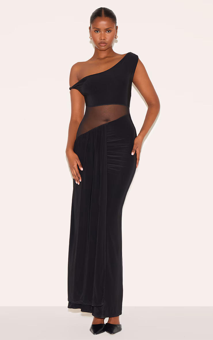 Black Slinky Asymmetric Mesh Cut Out Maxi Dress