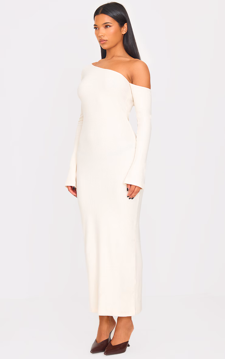 Cream Heavy Brushed Asymmetric Ruched Maxi Dress