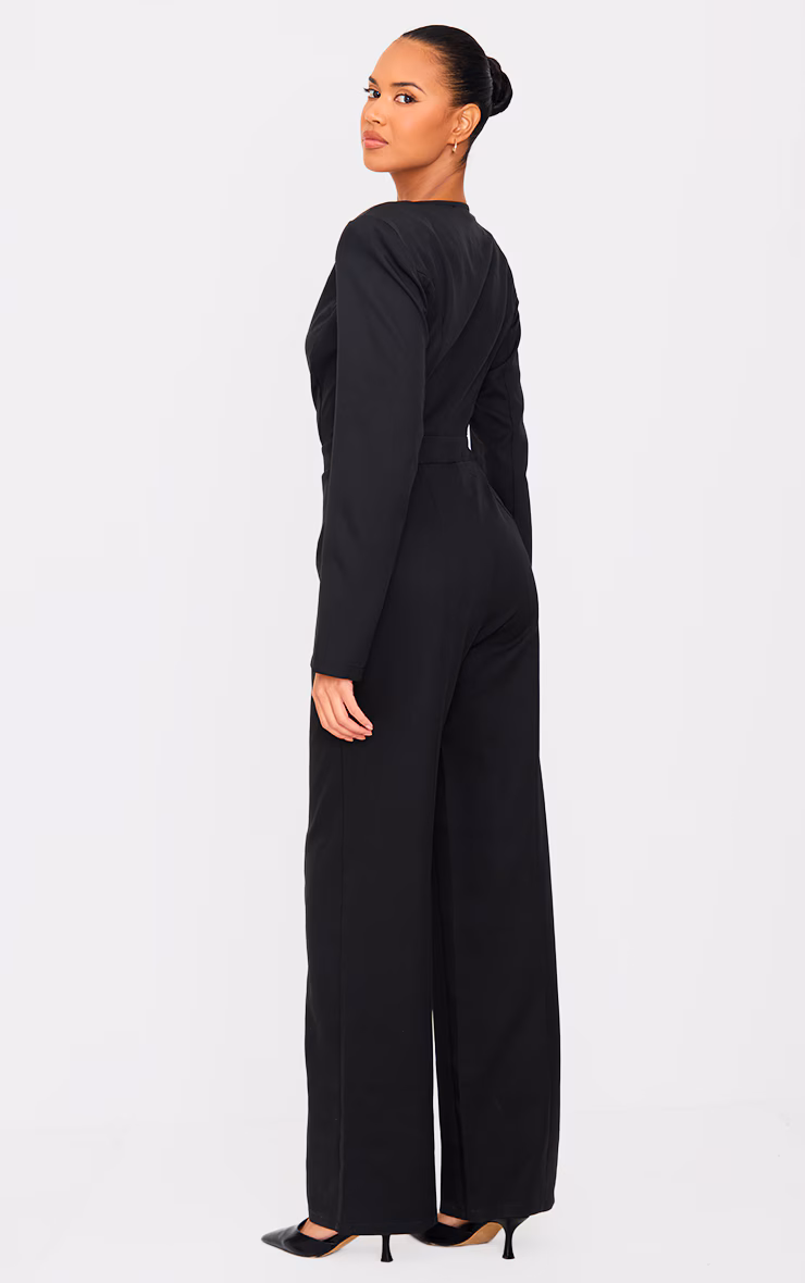 Black Woven Plunge Long Sleeve Straight Leg Jumpsuit