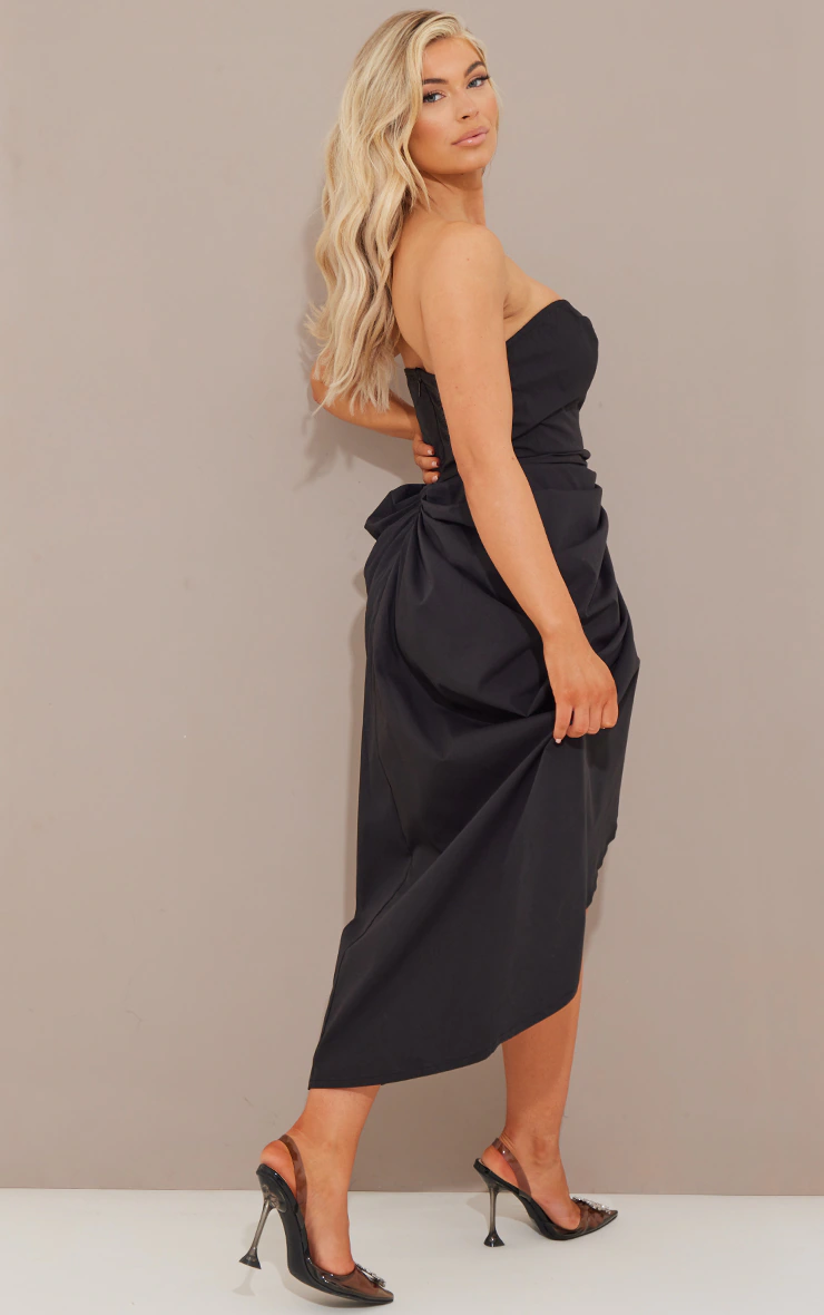 Black Woven Bandeau V Bar Gathered Hip Midi Dress