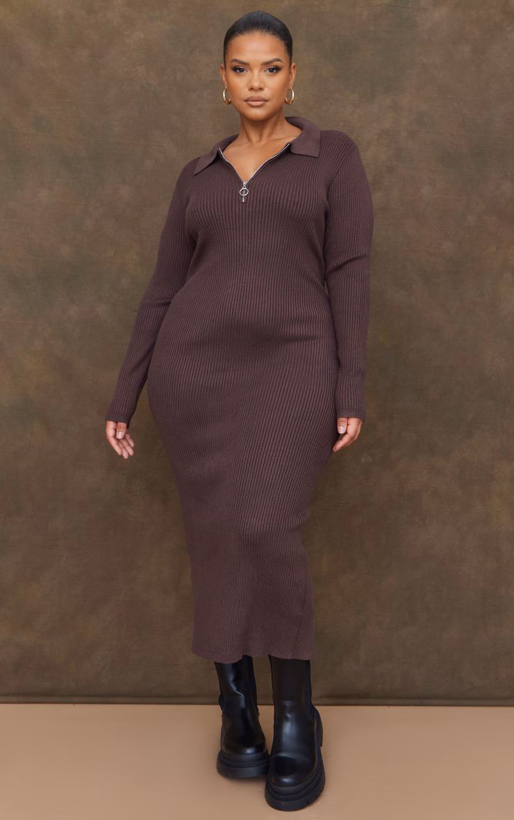 Plus Chocolate Half Zip Collared Detail Midaxi Dress